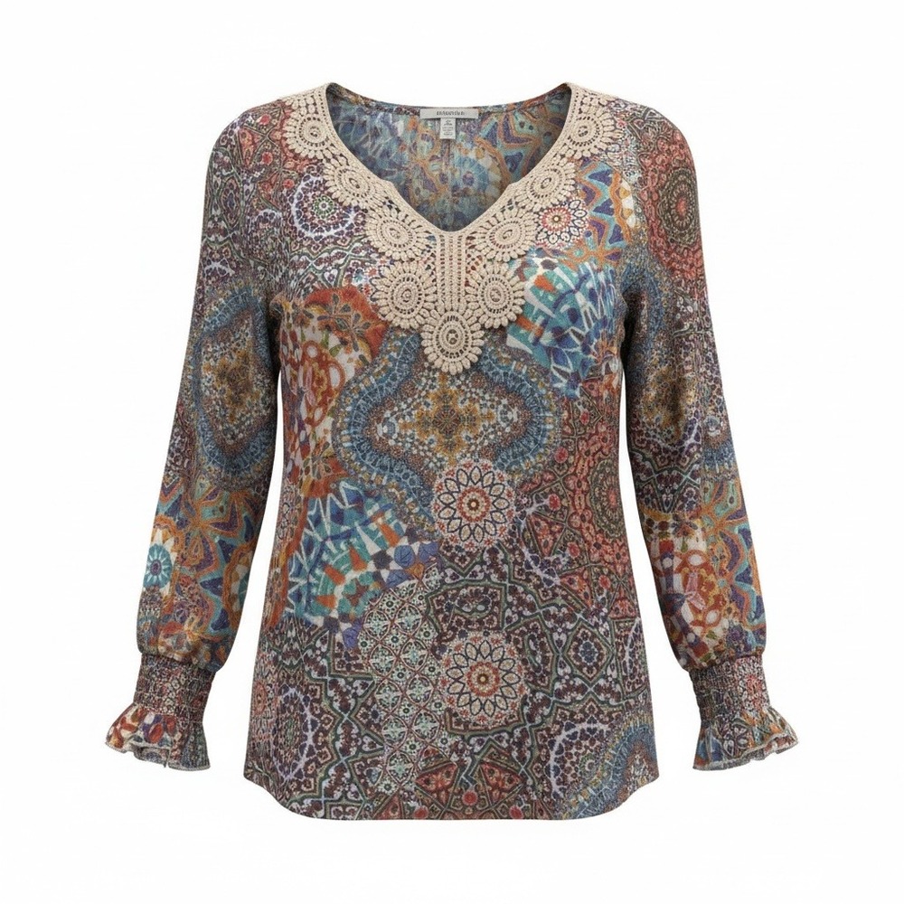 Spense Petite Boho Crochet Neck Tunic Top PM Multicolor Medallion Print Medium